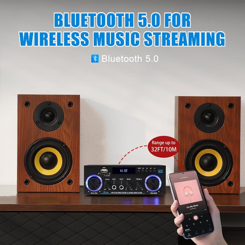WOOPKER AK50 Amplifier Home Audio Stereo Receivers with Bluetooth 5.0,Max 500W,2.0 Channel Stereo Amplifier System for Home Theater Speakers,Garage,Home Amp with USB,SD,RCA,2 MIC in - Image 4